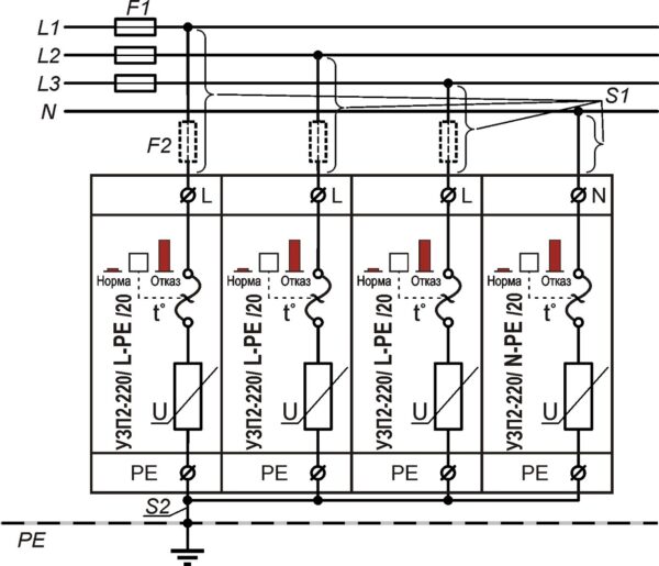 Схема подключения для трехфазной цепи УЗП2-220К/3LN-PE/20